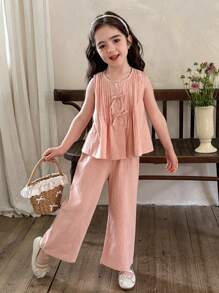 SHEIN LMoss Kids 青少年女孩休闲日常度假学院风粉色圆领褶饰吊带背心搭配宽松直筒裤套装，开学季 - 粉色 - 查看 3