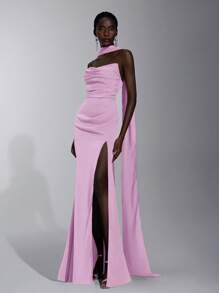 SHEIN Belle 优雅浪漫雪纺哑光层叠荷叶边露肩修身美人鱼伴娘礼服 - 粉色 - 查看 1