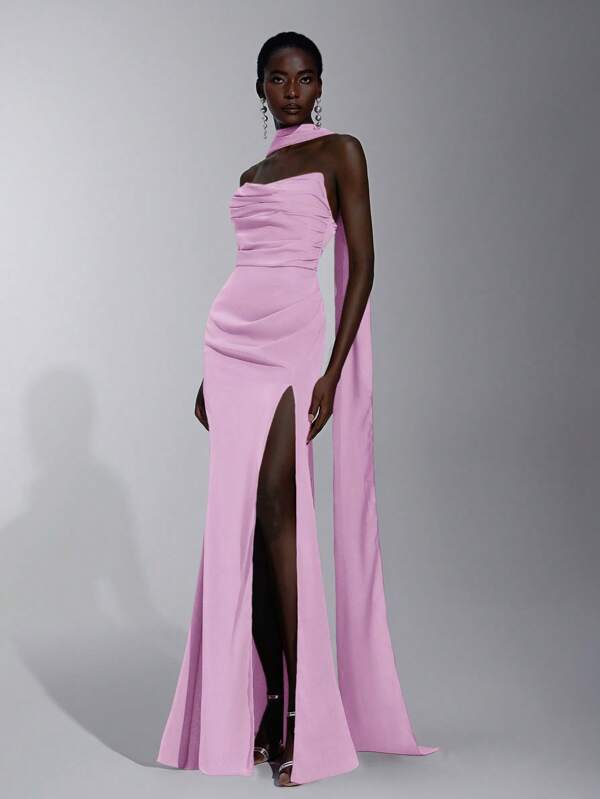 SHEIN Belle Elegant Romantic Chiffon Matte Cascading Ruffle Strapless Slim Mermaid Bridesmaid Dress
