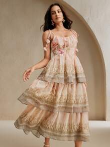 Anewsta Damen A-Linien Kleid im Urlaubsstil mit schmalem Schnitt, 3-lagig, mit Blumen-Trägern, Vielblumenmuster