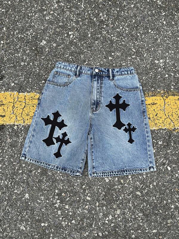 SHEIN Teen Boy Fashion Casual Y2k Vintage Cross Embroidery Pocket Wide-Leg Loose Casual Denim Long Shorts,Girls Summer Vacation Concert Streetwear Outfits For Teen Boy Clothes Boys Costume Dailywear And Teen Boy Summer And Spring Rave Outfits Festival And Beach Outfits Clothes Cross Shorts Y2k Jorts