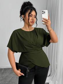Elenzga 女士优雅抽绳蝴蝶结腰休闲衬衫，通勤舒适，夏季橄榄绿上衣深绿色上衣裹身上衣女士时尚上衣不对称上衣 - 軍綠色 - 查看 7