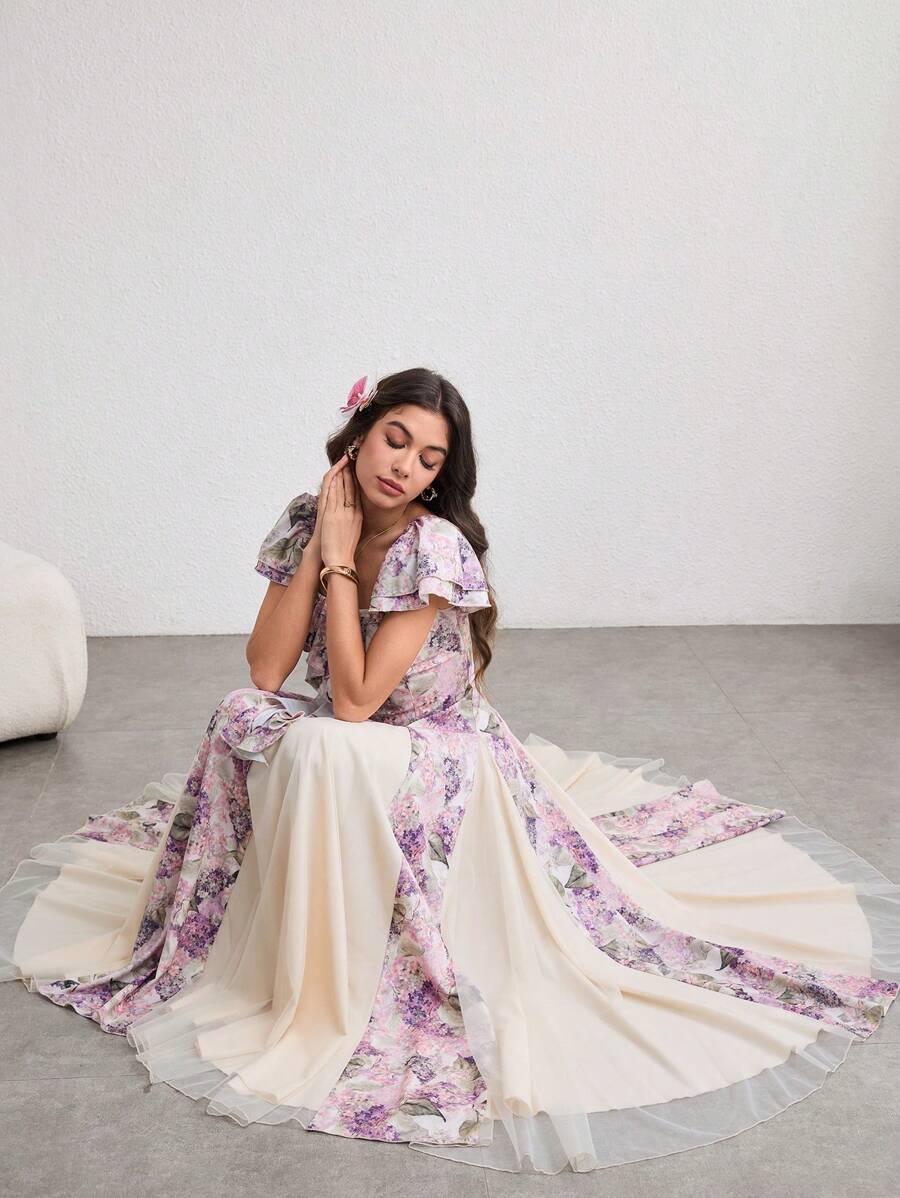 Modelyn 女式春夏花卉印花网眼拼接荷叶边腰喇叭长裙,优雅浪漫 - 彩色 - 查看 1