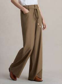 Briarwyn Quần nữ dáng rộng, màu trơn, cạp chun, có túi, kiểu dáng thường ngày, thích hợp mặc mùa hè. - màu nâu - Xem 5