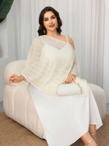 Modelyn Conjunto de 2 piezas de talla grande elegante con hombros oblicuos de ganchillo para primavera/verano - Beis - Ver 7