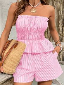 SHEIN VCAY Conjunto de top bandeau con volantes a rayas y shorts para mujer talla grande, conjunto informal de 2 piezas para vacaciones