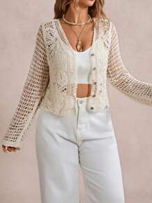 SHEIN VCAY Plus Size Crochet Floral Loose Thin Sheer Short Cover Up In Fall/Winter - Khaki - View 3