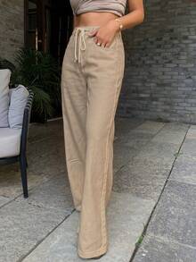 DAZY Quần Jeans Ống Rộng Buộc Dây Màu Trơn Đơn Giản Thoải Mái Cho Nữ - Màu Khaki - Xem 5