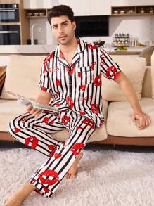 Men's Satin Lip Print Stripe Pattern Pajama Set - Black and White - View 5