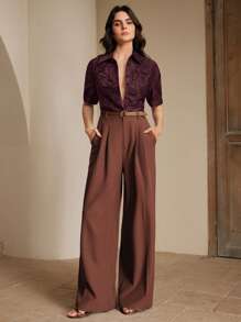 Anewsta 优雅现代假日/度假透明蕾丝边衬衫，适合春季、夏季、节日、毕业典礼 - 酒紅色 - 查看 5