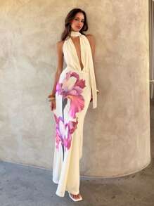 Aloruh Robe longue élégante et sexy à col V profond et dos nu avec imprimé floral, robe de thé pour femmes, robes d'été pour femmes, tenues de lune de miel pour femmes, tenues de vacances sur l'île, robe de demoiselle d'honneur pour femmes, robes d'été pour femmes, robes élégantes pour fête, robe de vacances pour femmes