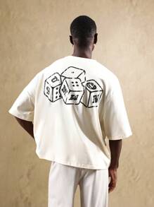 SUMWON Áo thun dạo phố mùa hè cỡ lớn in hình xúc xắc thiết kế đô thị dáng rộng cổ tròn chất liệu cotton cao cấp thường ngày - Màu be - Xem 2