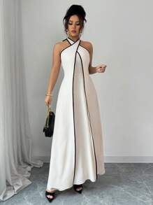Elenzga Women's Summer Elegant Vacation Apricot Color Block Criss-Cross Backless A-Line Dress