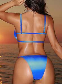 Swim SXY 2 件女式渐变蓝色印花纹理分体泳衣上衣和侧抽绳比基尼泳裤套装，适合海滩、游泳池、所有年龄段、全年穿着 - 藍色 - 查看 3