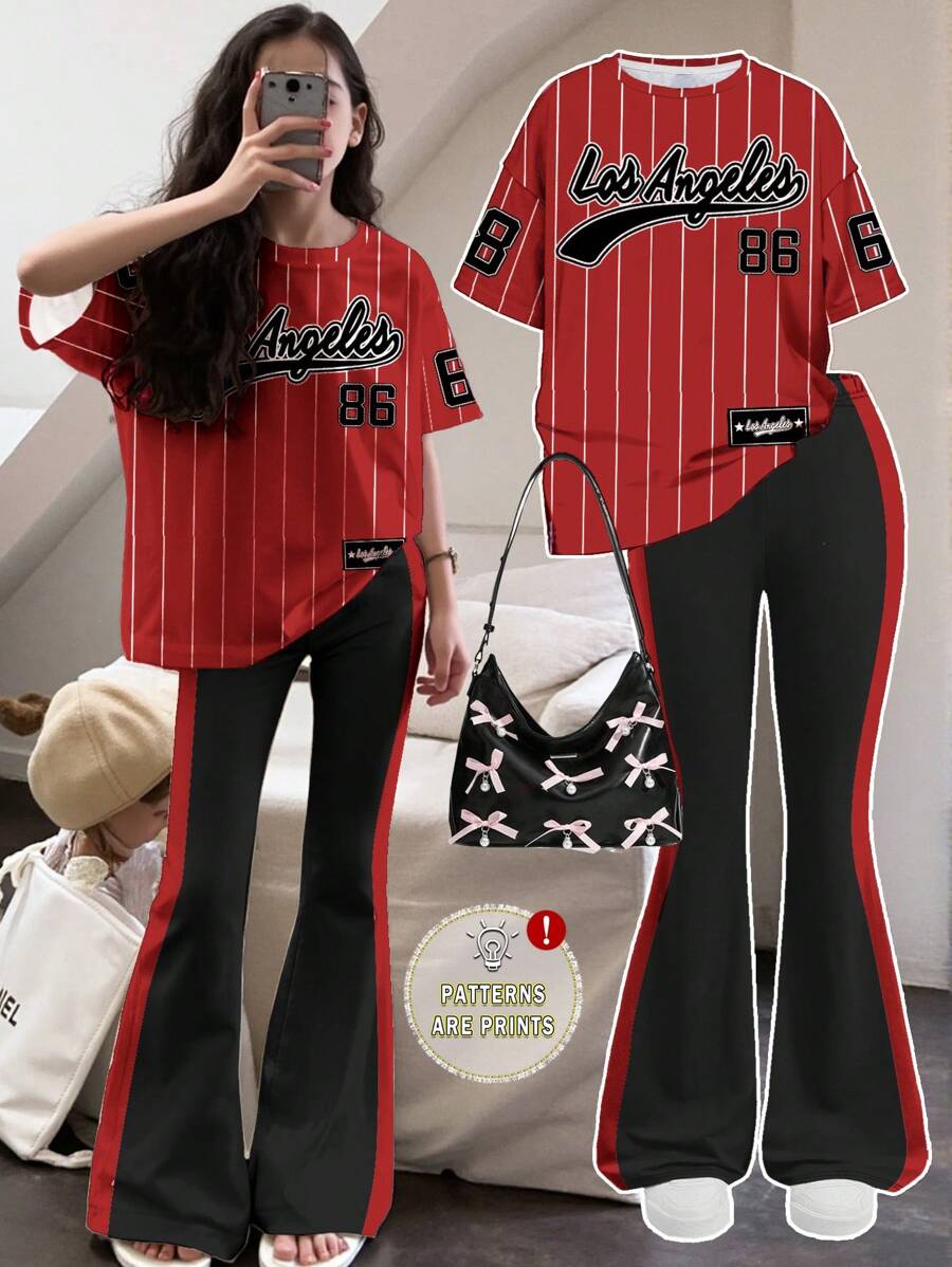 SHEIN 2 件套青少年女孩休闲简约短袖上衣和裤子套装，适合夏季 - 彩色 - 查看 1