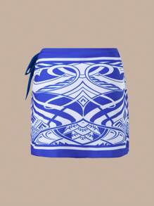Swim Oasis Nuevo conjunto de baño de verano 2025 de 3 piezas para mujer, que incluye traje de baño de una pieza con estampado de posicionamiento, falda y falda larga de malla para vacaciones en la playa - Azul y blanco - Ver 5