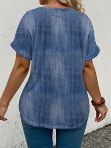 INAWLY 大码夏季休闲蝴蝶印花仿牛仔V领T恤 - 彩色 - 查看 2