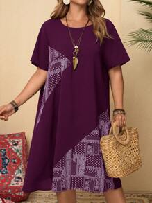 Rusticease Vestido casual de talla grande con estampado de patchwork para vacaciones