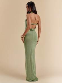 SHEIN BAE Vestido de mujer con cuello con vuelo y espalda descubierta de unicolor, vestido largo elegante ajustado con bajo de sirena en colores verde salvia y pistacho, vestido para vacaciones - Verde - Ver 2