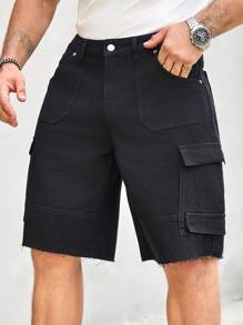 Manfinity Homme 男士实用口袋阔腿百慕大休闲牛仔短裤 - 黑色 - 查看 1