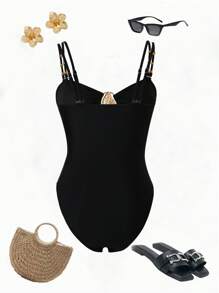 Swim Chiccia 1 bộ đồ bơi liền thân gợi cảm màu tương phản, đồ bơi trang trí kim loại thanh lịch đi biển - Đen và trắng - Xem 4