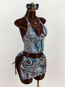 Amplova Bộ 2 áo yếm thêu hạt họa tiết ngựa vằn và chân váy ngắn bó sát cho nữ - Nhiều màu - Xem 5