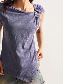 Bohemela 休闲纯色针织修身圆领背心 女士棉质上衣 女士夏季棉质上衣 女士圆环细节上衣 女士夏季上衣 不对称上衣 - 藏蓝色 - 查看 6