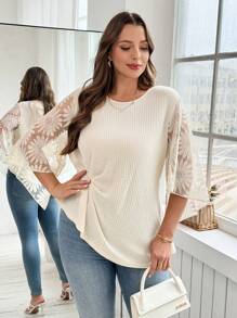 SHEIN Clasi Curve Plus Size Women's Casual Daily Apricot Knitted Texture Fabric Waist Waist Slimming Pleated Splicing Lace Holiday Shirt,Summer Tops,Business Casual Woman,Teacher Outfits For Women,Streetwear Women ,Lace Top,Summer Outfits For Women,Summer,Vacation Outfits Woman,Vacation,Women Summer Clothes,Going Out ,Plus Size Women Clothes,Clothes,Curve Plus,