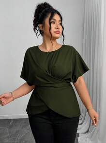 Elenzga 女士优雅抽绳蝴蝶结腰休闲衬衫，通勤舒适，夏季橄榄绿上衣深绿色上衣裹身上衣女士时尚上衣不对称上衣 - 軍綠色 - 查看 4