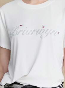 Briarwyn Women's Fashion Rhinestone Short Sleeve T-Shirt, Summer Graphic Tees Old Money Style Women Back To School Clothes Streetwear Women - White - View 4