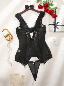 SHEIN Set de 2 piezas Lencería sexy vestido de contraste de encaje y malla talla grande - Negro - Ver 2