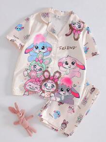 Bộ đồ ngủ cardigan và quần short vải lụa giả in hình quái vật cho bé gái tuổi mới lớn, đồ ngủ chống cháy Kawaii, đồ ngủ hoạt hình thời trang trở lại trường - Nhiều màu - Xem 8