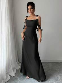 Elenzga 优雅迷人淑女浪漫度假无袖碎花吊带腰饰缎面连衣裙