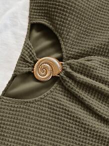 Soleia Women's Summer Vacation Shoulder Cut-Out Seashell Metal Detail Textured Mini Dress, Slim Fit, Suitable For Holiday, Date, Afternoon Tea, Vacation, Music Festival, Boho, Crochet, Linen One Shoulder Dress Olive Dress One Sleeve Dress Summer Dress Bodycon Dress - Army Green - View 5