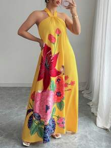 Elenzga Vestido largo de verano con estampado floral, cuello halter, sin mangas y línea A, para mujeres de talla grande - Multicolor - Ver 3
