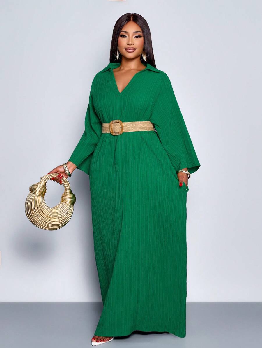 SOLERSUN Women's Fashionable V Neck Loose Batwing Sleeve Dress For Holiday Maxi Women Outfit - Green - View 1