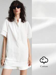 Ontre 2025新款女士纯色纽扣半开襟短袖口袋休闲衬衫，适合日常休闲、通勤、音乐节、早午餐、夏季衬衫、优雅女士衬衫、派对穿着、嘉年华、圣诞节、秋冬新年等场合。 - 白色 - 查看 7