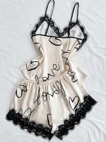 SHEIN 2pcs Set Women Heart Print V-Neck Camisole Top And Elegant Lace Trim Shorts Pajama Set, Suitable For Loungewear Or Outerwear, All Seasons - Apricot - View 2