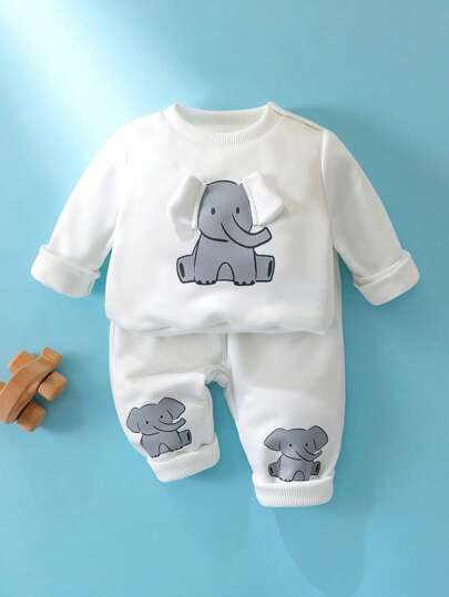 SHEIN Nyfödd Baby Casual Vardag Söt Elefanttryck Långärmad Huvtröja Och Byxor Set, Lämplig För Utflykter, Hemmafritid Och Fotografering