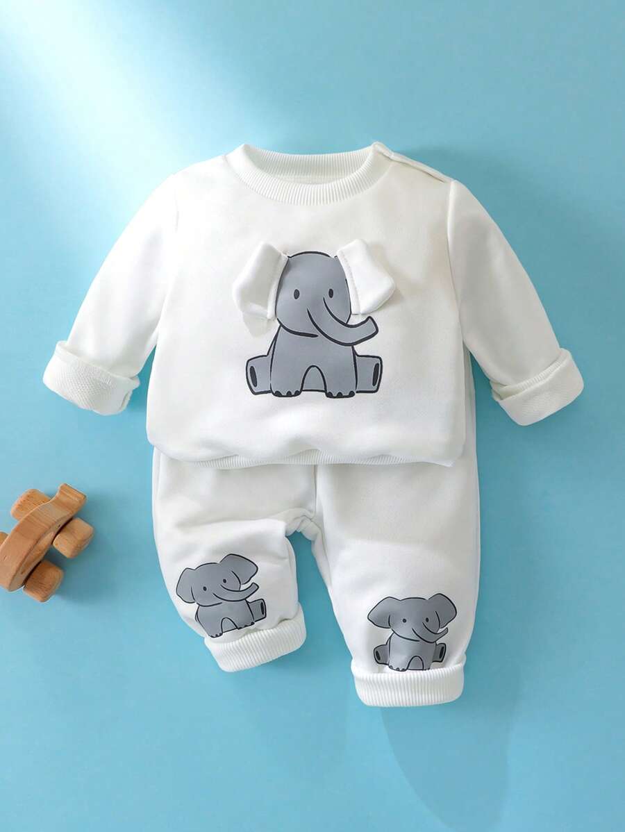 SHEIN 新生婴儿休闲日常可爱大象印花长袖连帽衫和裤子套装，适合外出、居家休闲和拍照 - 白色 - 查看 1