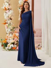 SHEIN Belle Chiffon Batwing Asymmetric Bridesmaid Dress (For Adults) - Navy Blue - View 5