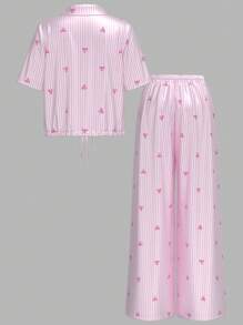 SHEIN Tall 2件套女士粉色蝴蝶结印花条纹短袖上衣和宽松裤子缎面睡衣套装 - 彩色 - 查看 14