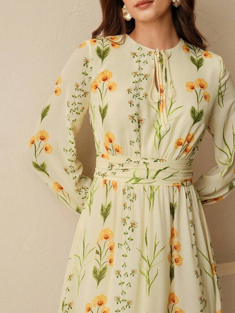 Elegant Floral Print Flowy Maxi Dress For Women, Butter Yellow, Spring/Summer
