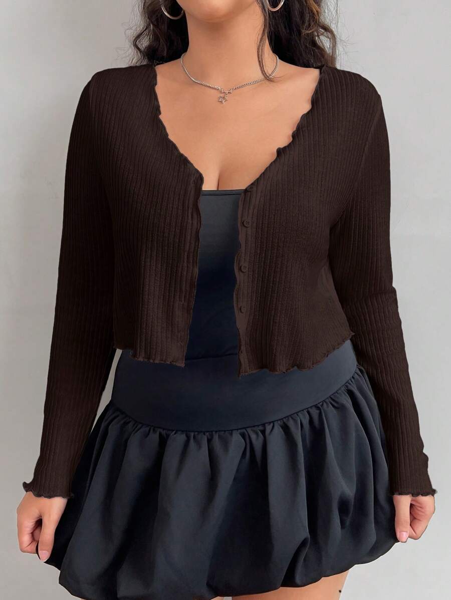 SHEIN EZwear 大码女式咖啡棕色开襟羊毛衫，适合春夏度假和音乐节穿着 - 咖啡棕 - 查看 1