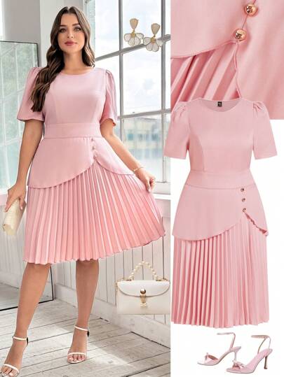 Ellevyn Plus Size Solid Color Asymmetric Metal Buckle Accent Elegant Work Shift Dress For Women,Wedding Guest Dress Women,Graduation Dresses For Women,Dresses For Women, ,Dresses For Women Summer