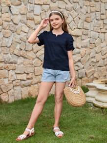SHEIN Leap Crew Tween Girl's Blue Short Sleeve V-Neck Textured Shirt With Pleated Puff Sleeves - Royal Blue - View 7