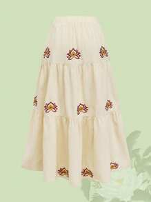 ROMWE The White Lotus Váy chữ A thêu hoa sen cho nữ, phong cách nghỉ dưỡng - Màu be - Xem 3