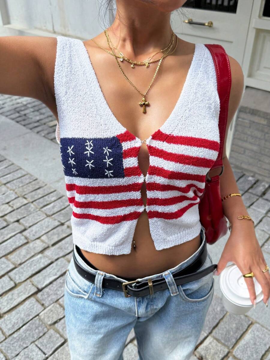 Muchica Damen 4. Juli Sommer V-Ausschnitt ärmellose Strickoberteil mit USA Flaggenmuster, amerikanische Flagge Top