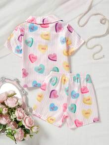 女童休闲条纹心形印花开衫短袖上衣和短裤套装，仿阻燃家居服