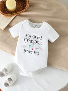 SHEIN Baby Girls Can Wear Cute, Fun, Simple And Casual Clothes In Spring And Summer. My Great Grandparents Love Me, And I Have An English Printed Bodysuit Grandma Baby Clothes - White - View 1